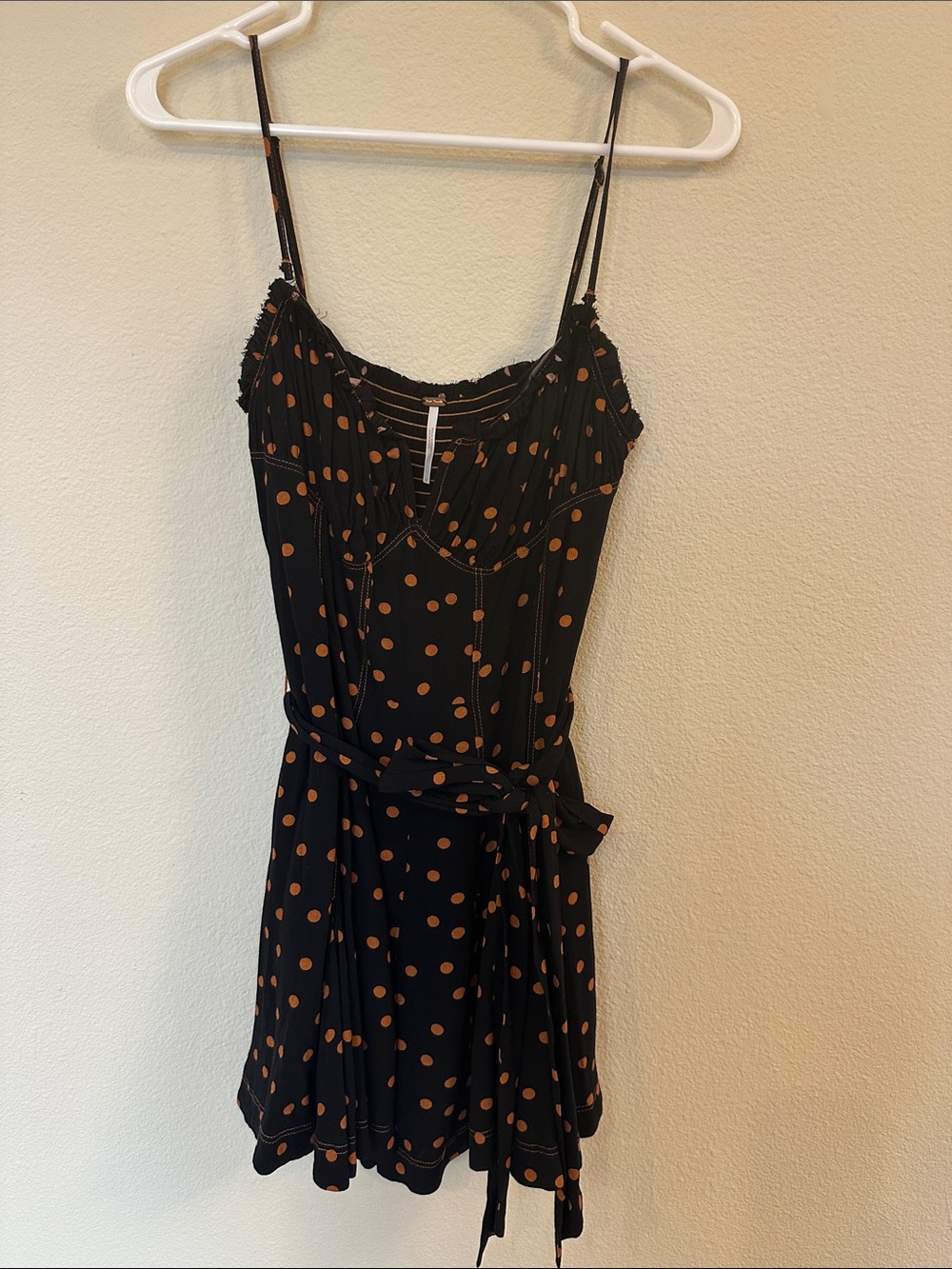 Free People Black Polka Dot Spaghetti Strap Skort Dress- Caramel Brown Dots